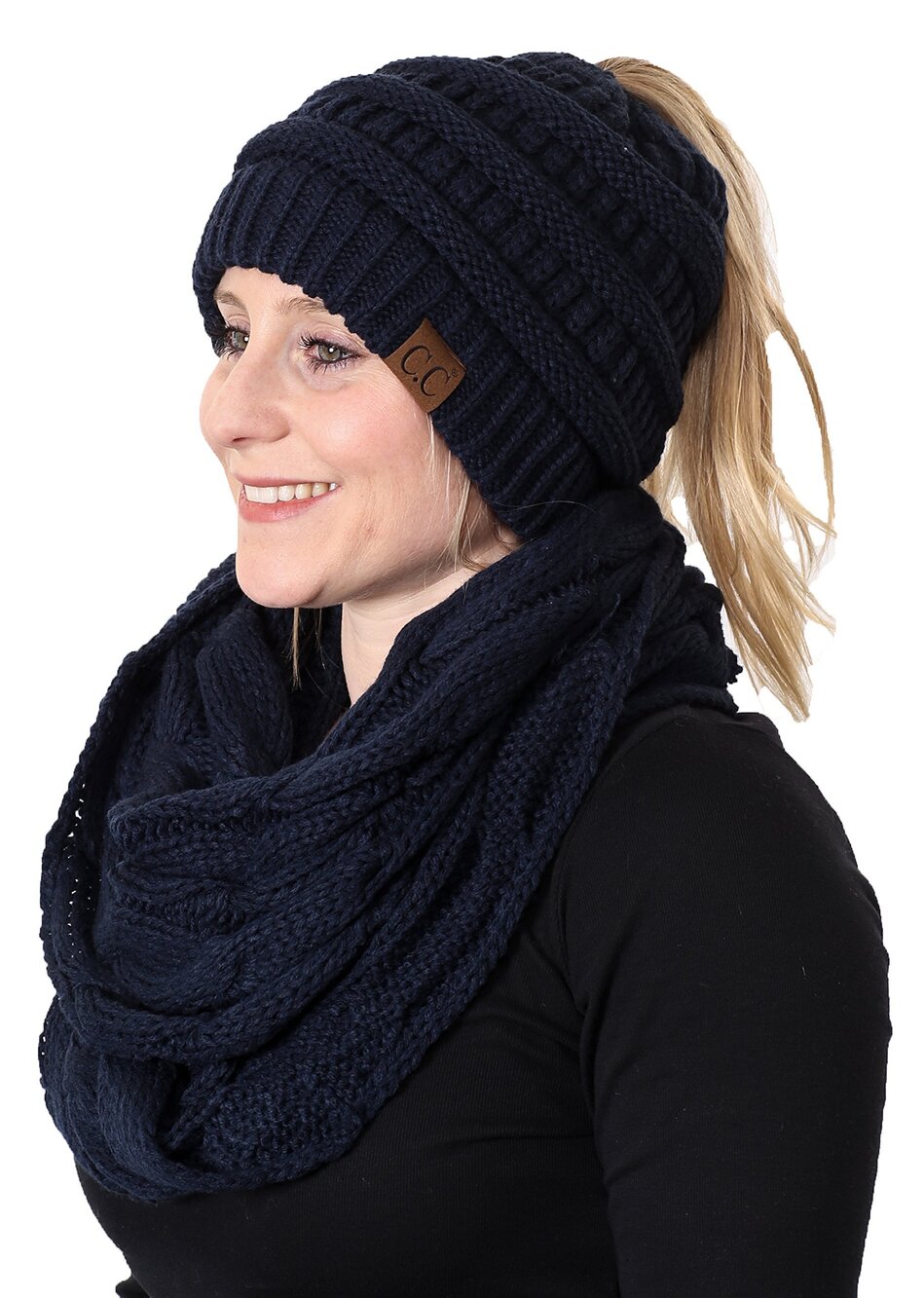 7834 Matching Pack of 2 Ponytail Beanie & Infinity Scarf - Navy